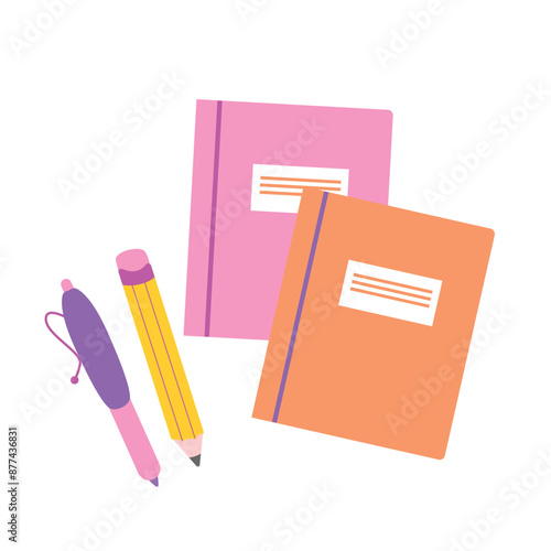 Childrens vector. September 1 concept, back to school set, pencil; pen, notepads, exercise book. Cartoon flat illustration.