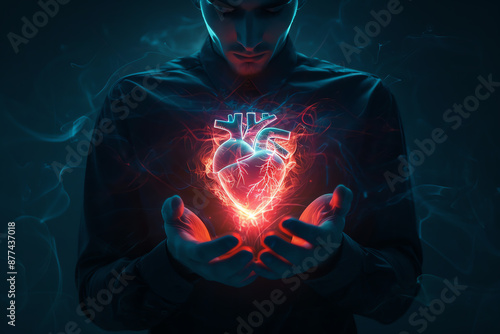 Man with glowing heart holding a floating orb of light, Inner peace, Fantasy realism photo