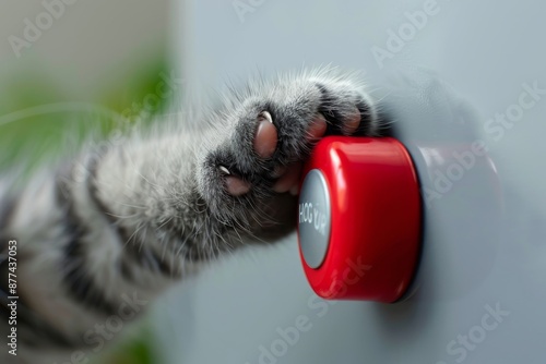 A curious kitten's paw reaches out to press a giant red button with a heartwarming message. The illustration is a playful way to promote cat love and affection. photo