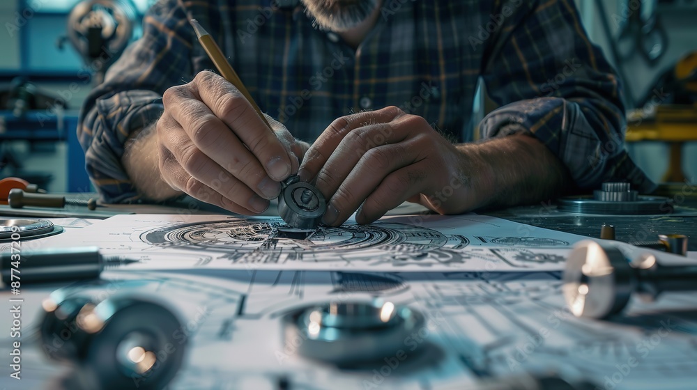 Engineer_technician_designing_drawings_mechanical_parts_engineering_drawing_concept Engineer_technician_designing_drawings_mechanical_parts_engineering_drawing_concept