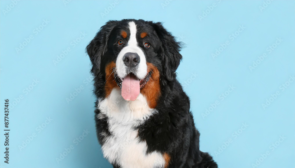 Close up portrait of a bernese mountain dog puppy on a completely light blue background with space for text Close up portrait of a bernese mountain dog puppy on a completely light blue background with space for text