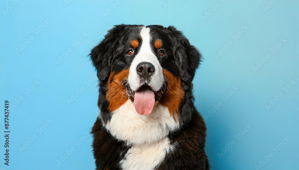 Close up portrait of a bernese mountain dog puppy on a completely light blue background with space for text Close up portrait of a bernese mountain dog puppy on a completely light blue background with space for text