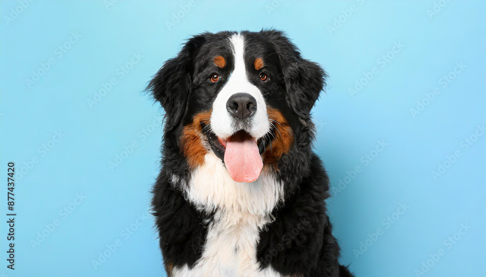 Close up portrait of a bernese mountain dog puppy on a completely light blue background with space for text Close up portrait of a bernese mountain dog puppy on a completely light blue background with space for text