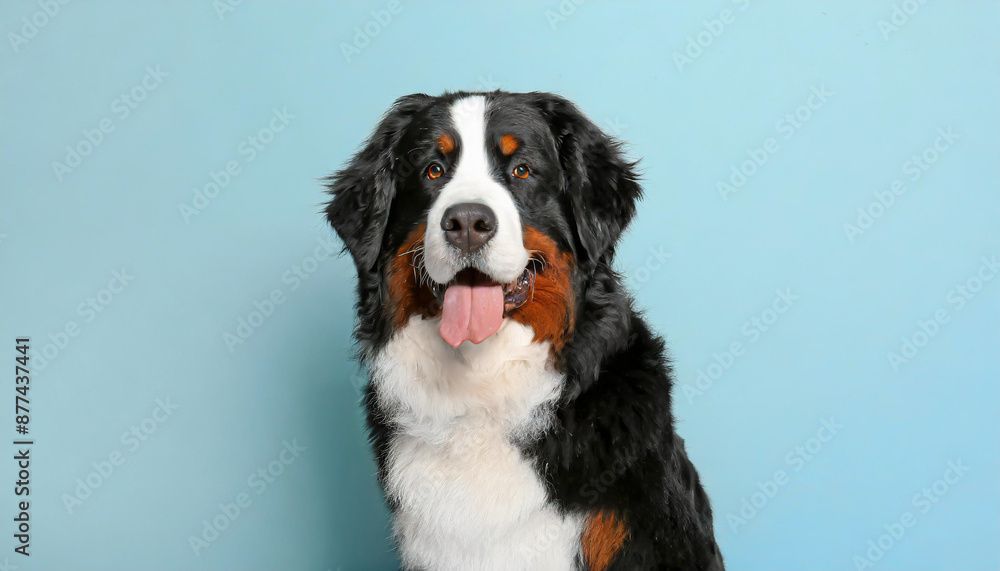 Close up portrait of a bernese mountain dog puppy on a completely light blue background with space for text Close up portrait of a bernese mountain dog puppy on a completely light blue background with space for text