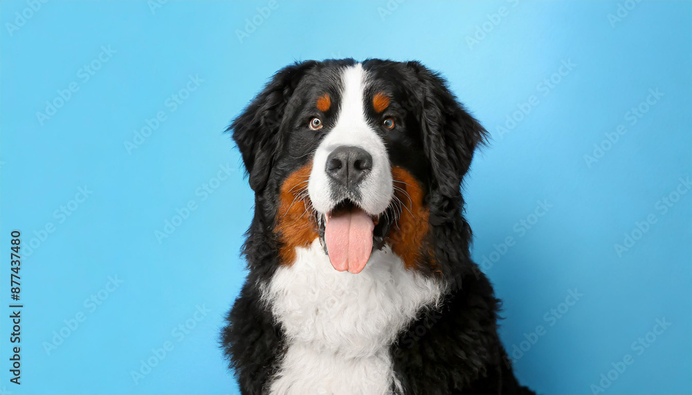 Close up portrait of a bernese mountain dog puppy on a completely light blue background with space for text Close up portrait of a bernese mountain dog puppy on a completely light blue background with space for text