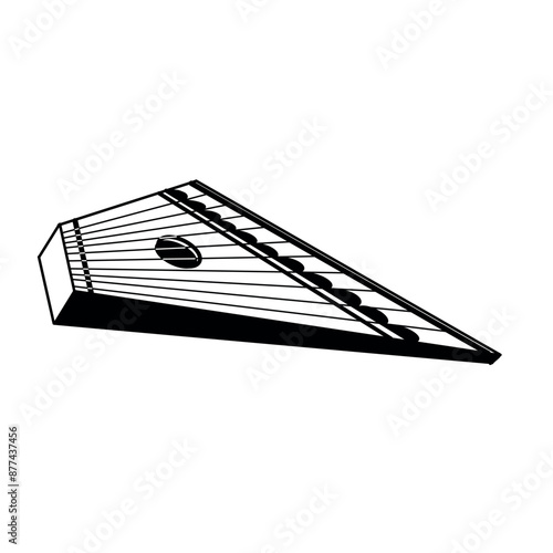 Gusli is an East Slavic multi-stringed plucked instrument. Vector illustration. All objects are hand-drawn in black in vector. Suitable for printing on invitations, posters, postcards.