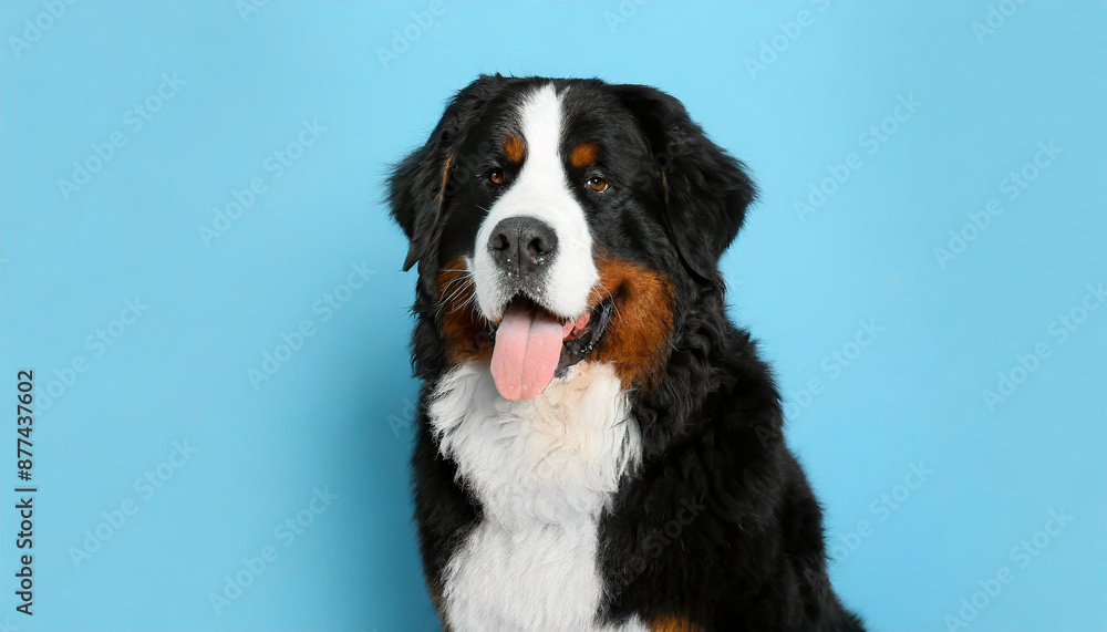 Close up portrait of a bernese mountain dog puppy on a completely light blue background with space for text Close up portrait of a bernese mountain dog puppy on a completely light blue background with space for text