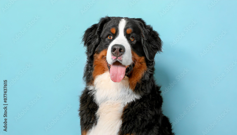 Close up portrait of a bernese mountain dog puppy on a completely light blue background with space for text Close up portrait of a bernese mountain dog puppy on a completely light blue background with space for text
