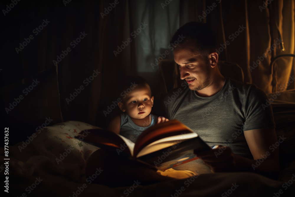Father Reading a Bedtime Story to His Child Illuminated by Warm Light Father Reading a Bedtime Story to His Child Illuminated by Warm Light