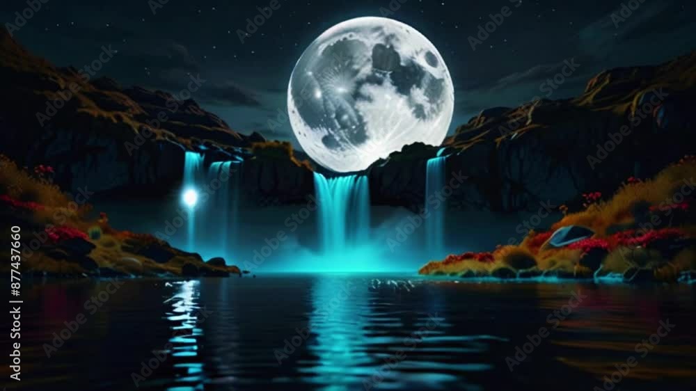 A floating island with a waterfall that cascades into the clouds below. The full moon hangs large in the sky, glowing flora and ancient, mystical structures, 4K Wallpaper animation video A floating island with a waterfall that cascades into the clouds below. The full moon hangs large in the sky, glowing flora and ancient, mystical structures, 4K Wallpaper animation video