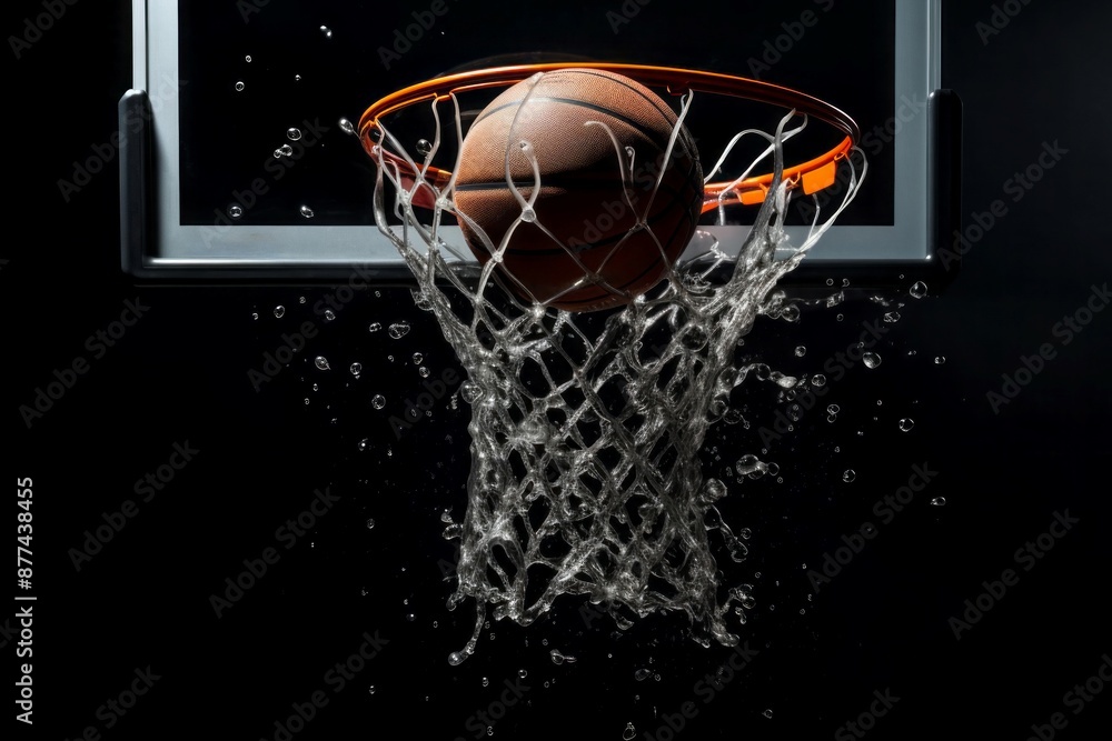 Dynamic image of a basketball scoring a wet basket, merging sports and liquid art Dynamic image of a basketball scoring a wet basket, merging sports and liquid art