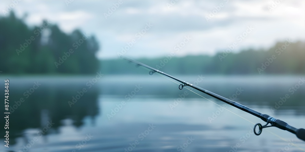 Scenic Lake Setting with Fishing Rod and Reel. Concept Lake Photography, Fishing Theme, Scenic Backdrop Scenic Lake Setting with Fishing Rod and Reel. Concept Lake Photography, Fishing Theme, Scenic Backdrop