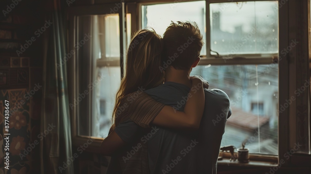 Hugging_couple_looking_out_the_window_togethe Hugging_couple_looking_out_the_window_togethe
