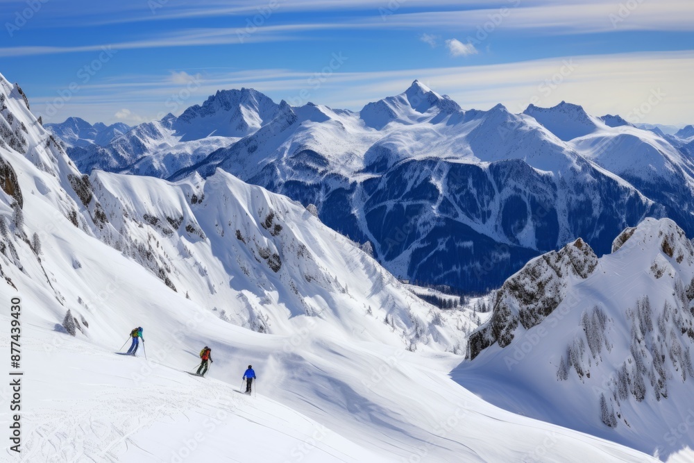 Adventurous skiers glide down a pristine alpine slope with breathtaking mountain views under a clear blue sky Adventurous skiers glide down a pristine alpine slope with breathtaking mountain views under a clear blue sky