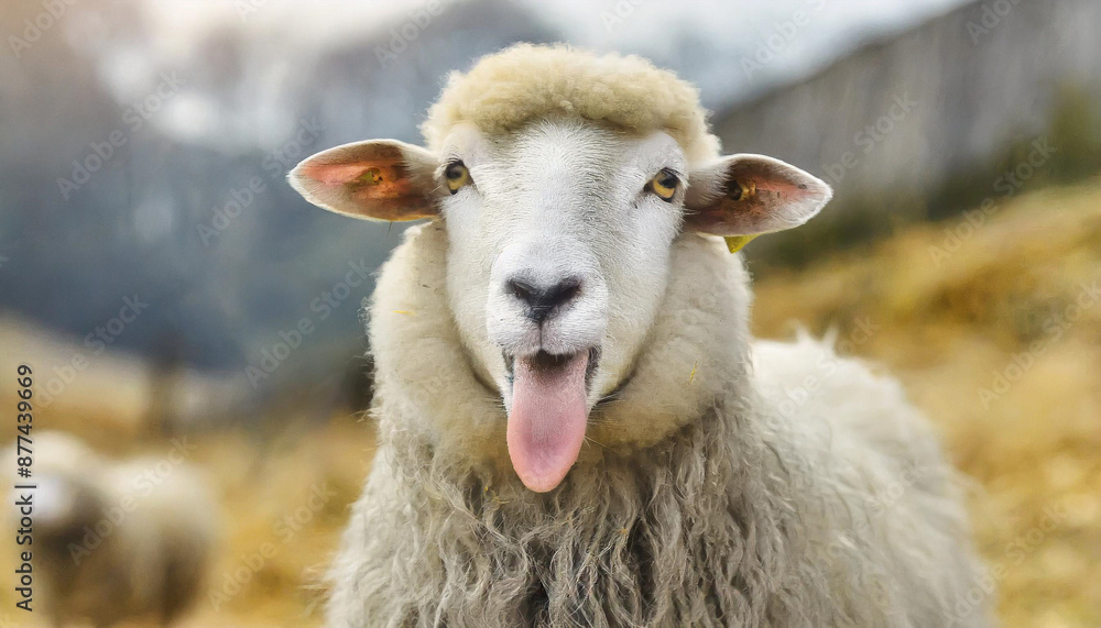 Funny beautiful sheep Portrait of sheep showing tongue Funny beautiful sheep Portrait of sheep showing tongue
