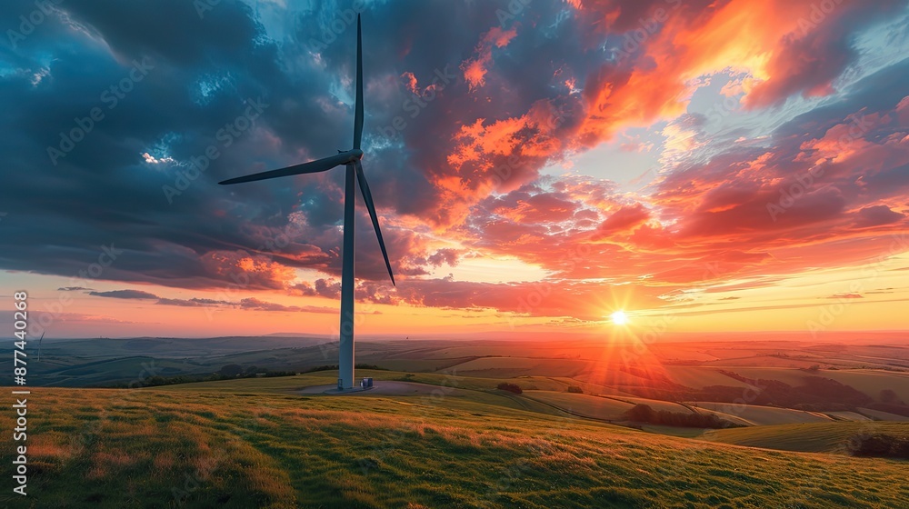 Obraz premium A wind turbine is standing in a field with a beautiful sunset in the background