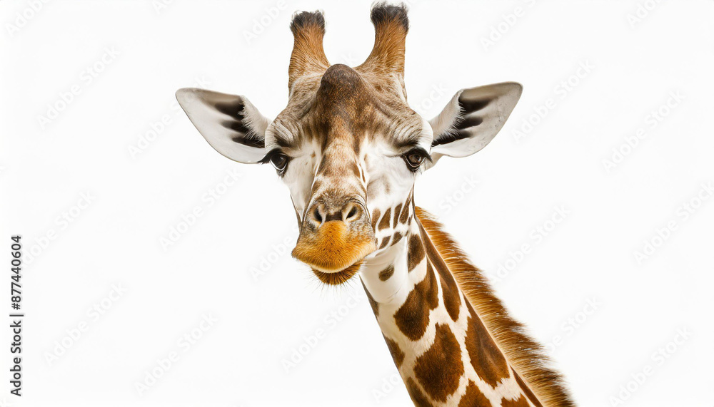 Fototapeta premium A fun and quirky portrait of a giraffe, upside down, its long neck and curious face presented against a stark white background, a playful twist on wildlife photography