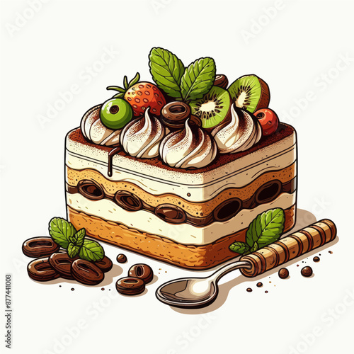 Vector image of tiramisu cake with side dishes