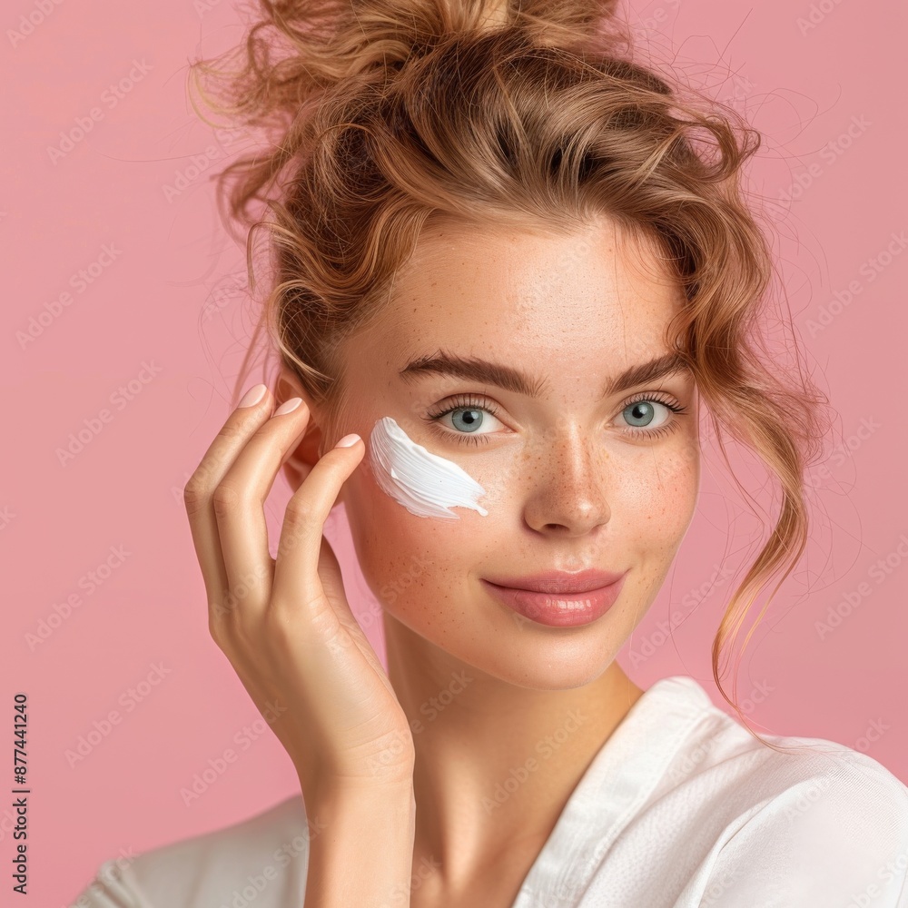 Fototapeta premium Beautiful woman putting cream on his face, on pink background