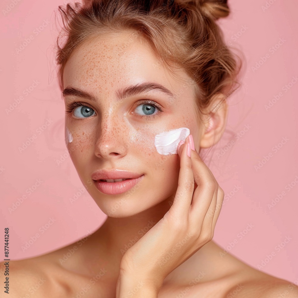 Beautiful woman putting cream on his face, on pink background Beautiful woman putting cream on his face, on pink background