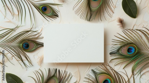 Empty white card with peacock feathers