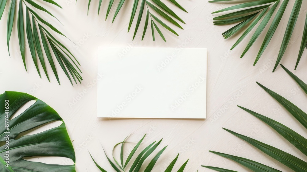 Fototapeta premium Empty white card with palm leaves