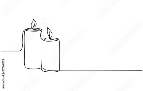 Continuous one-line drawing candle burning flame—black contour line simple minimalist graphic isolated vector illustration, Candle, one continuous line drawing. Isolated on white background. Vector