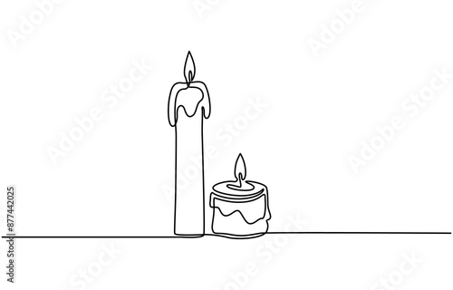 Continuous one-line drawing candle burning flame—black contour line simple minimalist graphic isolated vector illustration, Candle, one continuous line drawing. Isolated on white background. Vector
