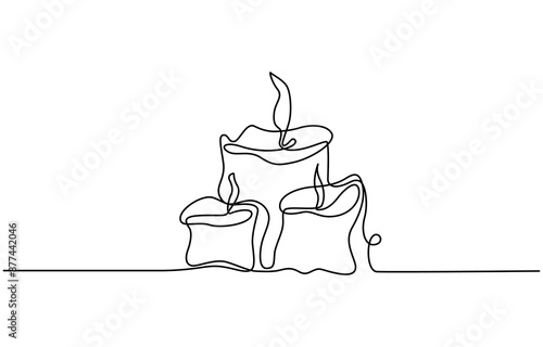 Continuous one-line drawing candle burning flame—black contour line simple minimalist graphic isolated vector illustration, Candle, one continuous line drawing. Isolated on white background. Vector