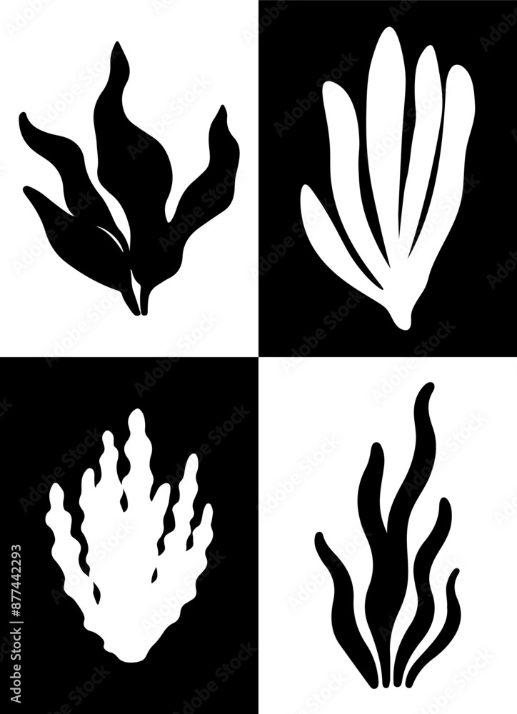 Poster of black and white silhouette seaweed and corals illustrations. Algae modern print. Perfect for marine-themed, underwater scenes and graphic design. Poster of black and white silhouette seaweed and corals illustrations. Algae modern print. Perfect for marine-themed, underwater scenes and graphic design.