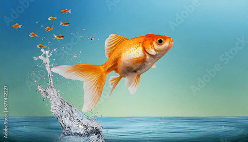 Goldfish jumping out of round fishbowl into freedom photo