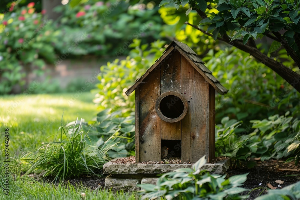 Rustic wooden birdhouse providing a safe haven for birds in a tranquil garden setting Rustic wooden birdhouse providing a safe haven for birds in a tranquil garden setting
