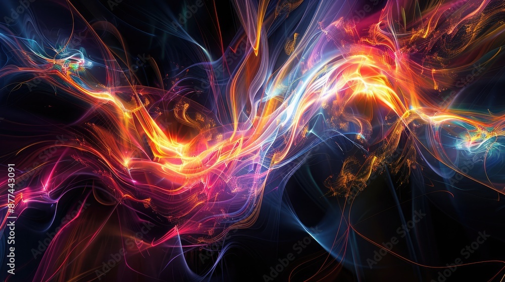 Digital abstract artwork with dynamic lines and bright contrasting colors, creating a sense of movement and rhythm. Digital abstract artwork with dynamic lines and bright contrasting colors, creating a sense of movement and rhythm.