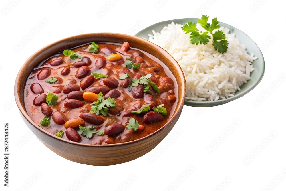 bowl red kidney bean curry plate white rice garnished coriander delightful traditional Indian dish isolated on white background bowl red kidney bean curry plate white rice garnished coriander delightful traditional Indian dish isolated on white background