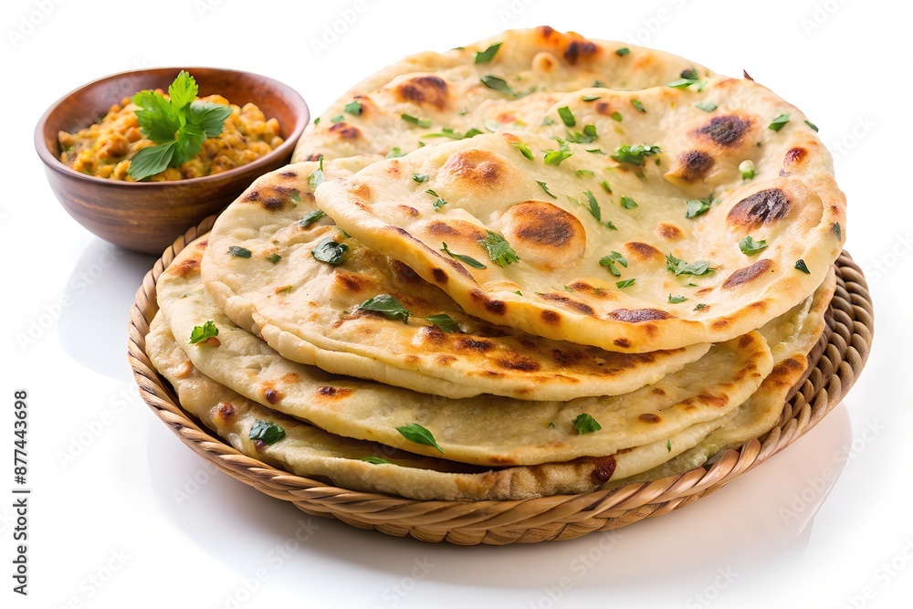 stack of freshly made indian naan bread with green herbs isolated on white background stack of freshly made indian naan bread with green herbs isolated on white background