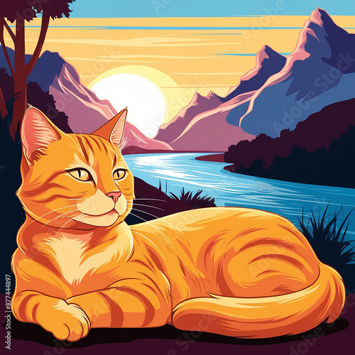 A cat gazing out over a serene lake ai photo
