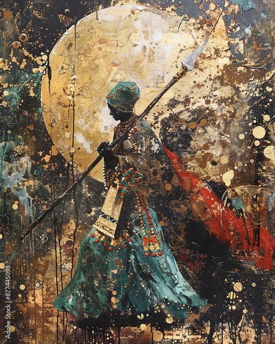 Abstract painting of a woman holding a spear in front of a large moon.