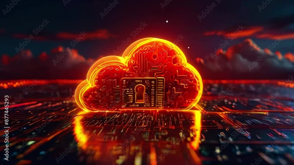 This is a glowing red cloud with a lock on it. The cloud is over a circuit board.