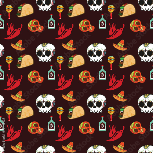 Skull And Sombrero Seamless Vector Pattern Design