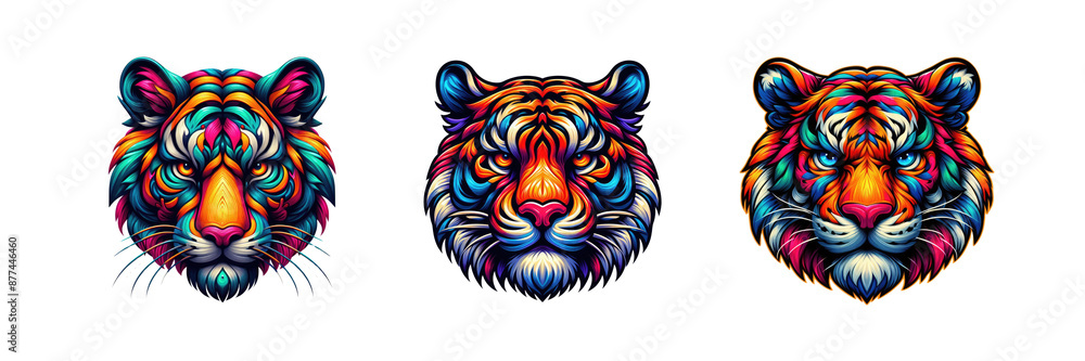 Fototapeta Set of illustration of tiger head mascot, isolated over on transparent white background