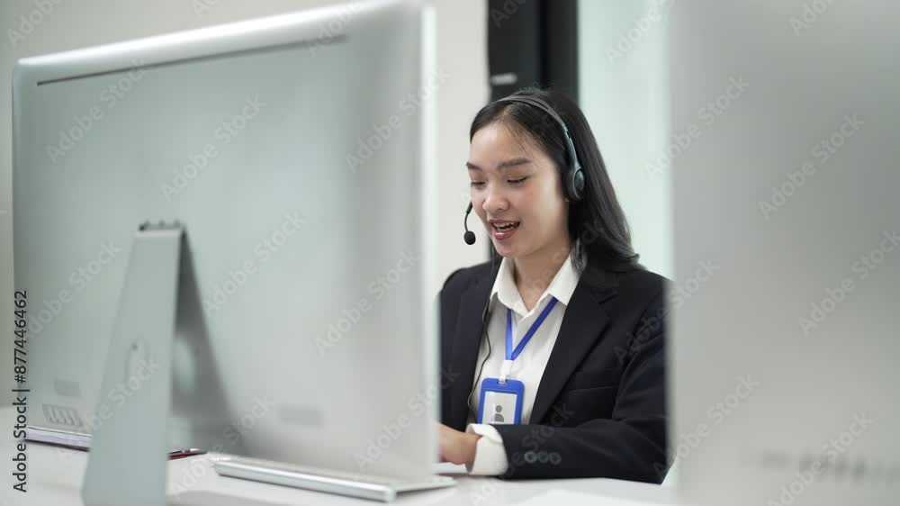 Call center worker, Businesspeople telemarketer telesales agent wear wireless headset make conference video call Call center worker, Businesspeople telemarketer telesales agent wear wireless headset make conference video call