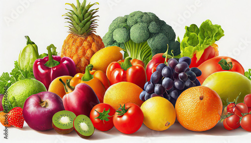 set of different fruits and vegetables on white background