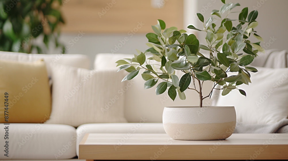 Obraz premium white potted plant on coffee table in living room with sofa and pillows