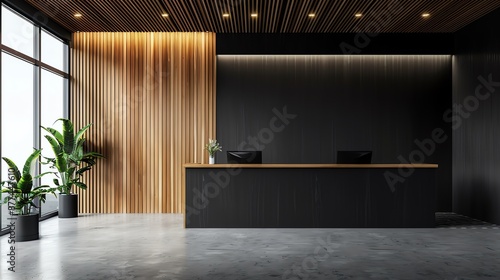 Modern office lobby interior design with black reception desk, wooden wall paneling, and concrete floor. Concept of corporate, minimalist, and stylish workplace.