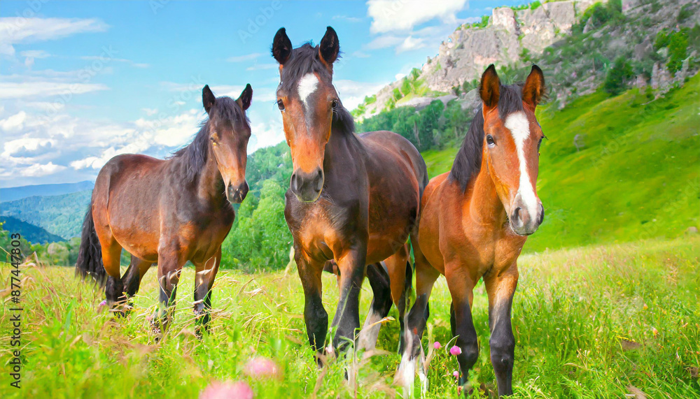 Three juvenile brown horses are standing in a grass field, with mountains visible in the background. The horses appear calm and alert as they graze and interact with each other in their natural Three juvenile brown horses are standing in a grass field, with mountains visible in the background. The horses appear calm and alert as they graze and interact with each other in their natural