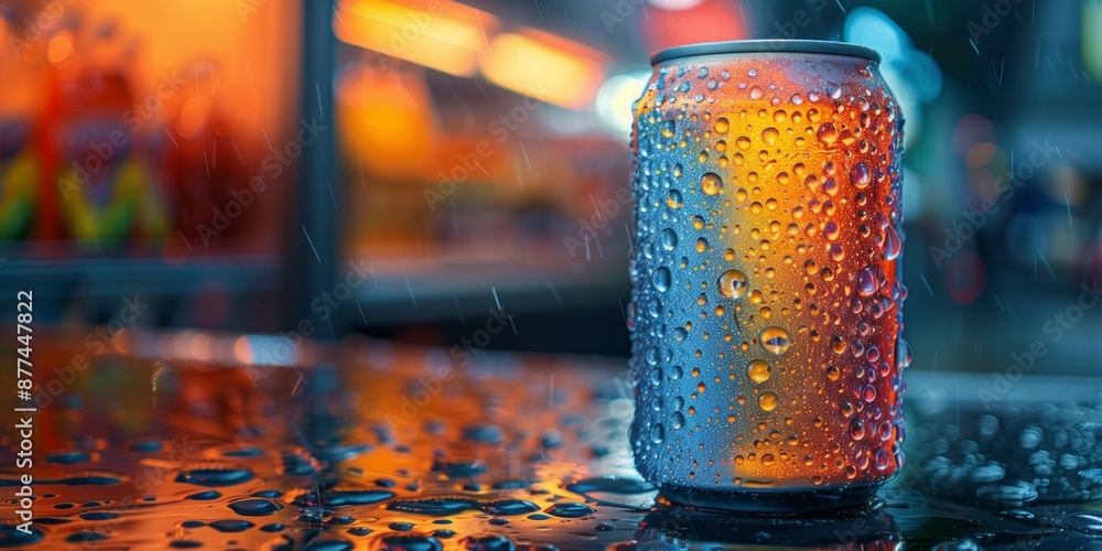 Refreshing Soda Can in Front of Convenience Store Cooler, generative ai