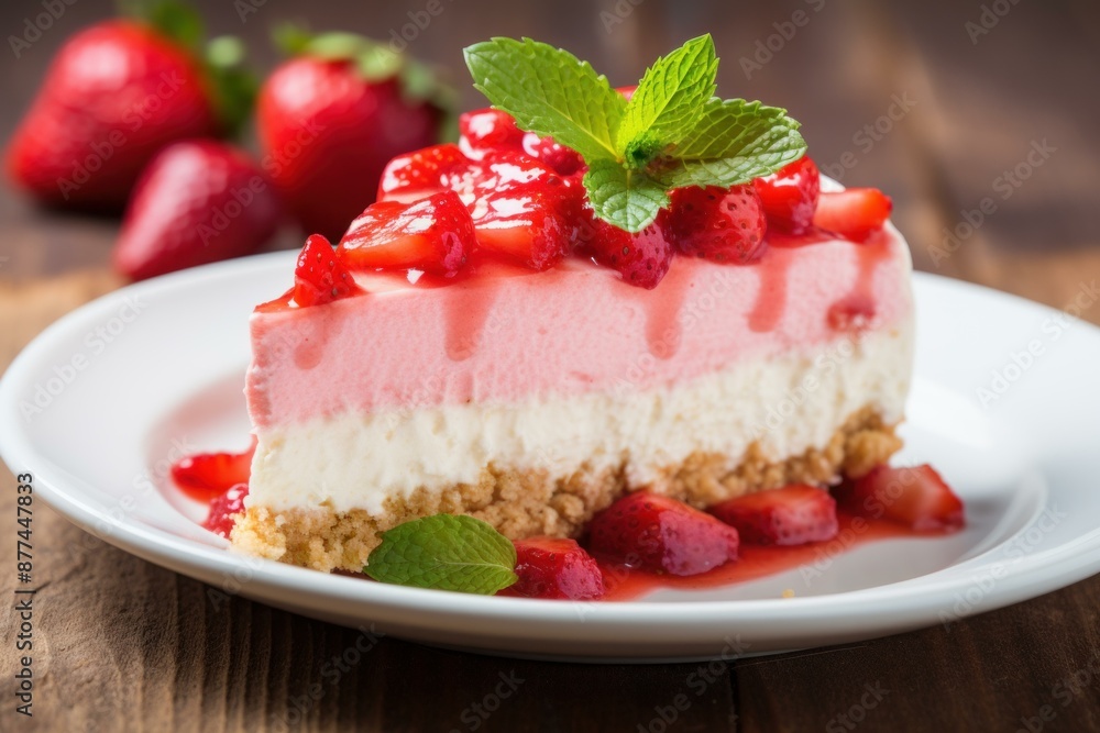 Delicious strawberry cheesecake with fresh berries and mint leaf garnish Delicious strawberry cheesecake with fresh berries and mint leaf garnish