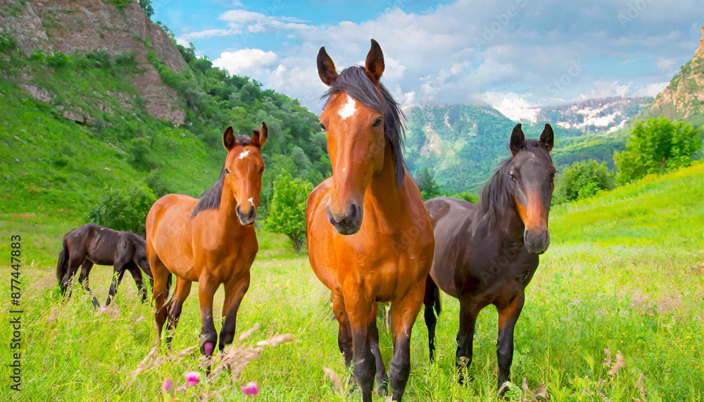 Three juvenile brown horses are standing in a grass field, with mountains visible in the background. The horses appear calm and alert as they graze and interact with each other in their natural Three juvenile brown horses are standing in a grass field, with mountains visible in the background. The horses appear calm and alert as they graze and interact with each other in their natural