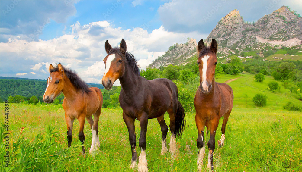 Three juvenile brown horses are standing in a grass field, with mountains visible in the background. The horses appear calm and alert as they graze and interact with each other in their natural Three juvenile brown horses are standing in a grass field, with mountains visible in the background. The horses appear calm and alert as they graze and interact with each other in their natural