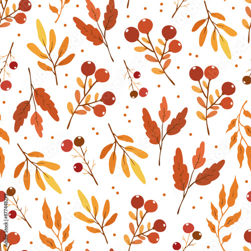 Seamless pattern with autumn leaves and red berries on white background, design for fabric, wallpapers	
